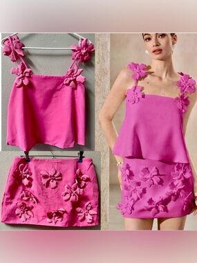 Aveloria Rosie 3D Floral Applique Strap Crop Cami Skirt Set Hot Pink Sz.6 M~NEW